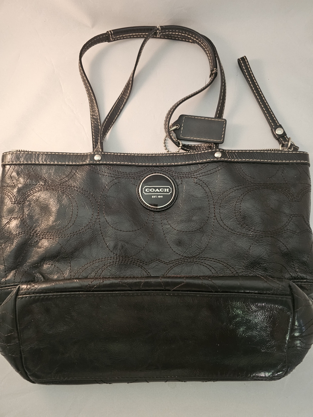 COACH Black Leather C Stitch Monogram Tote Bag